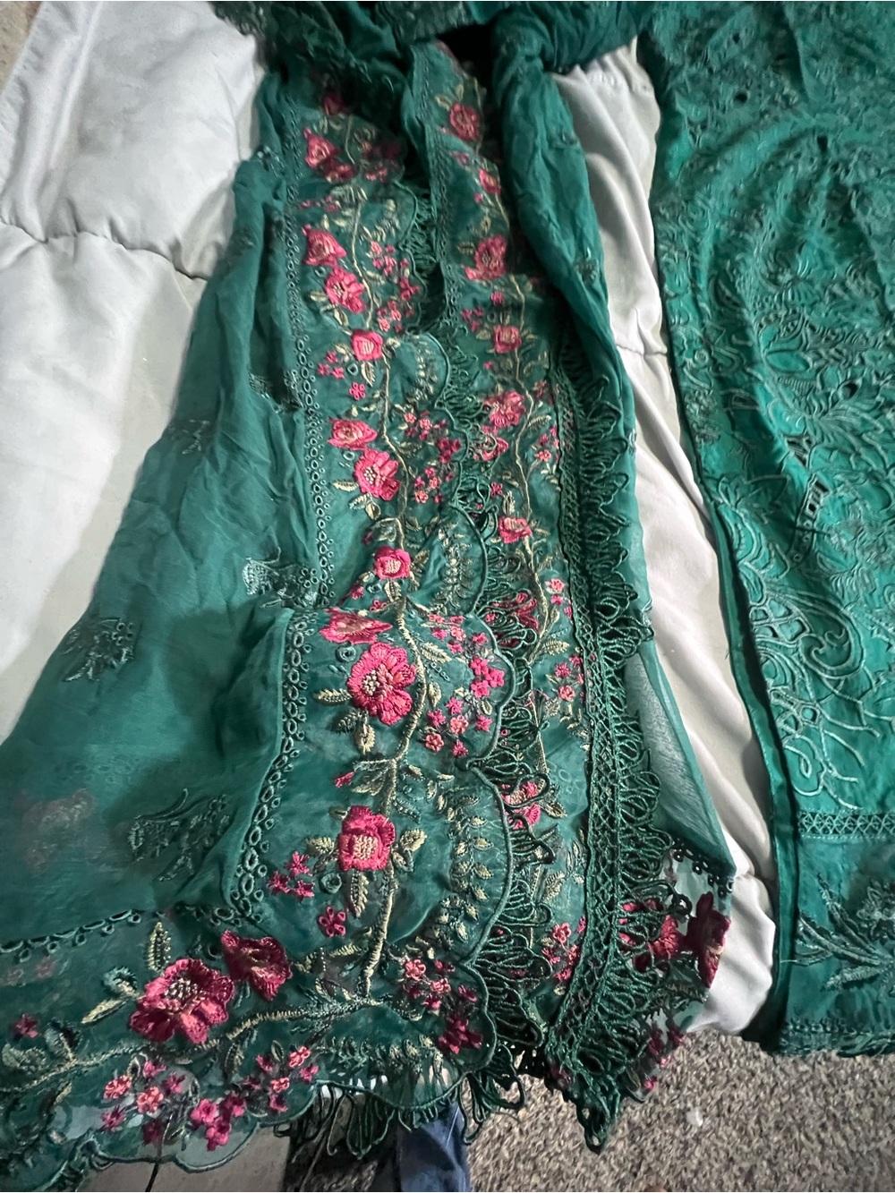 Embroidered Emerald Green Traditional Dress with Floral Scarf - Picture 6 of 7
